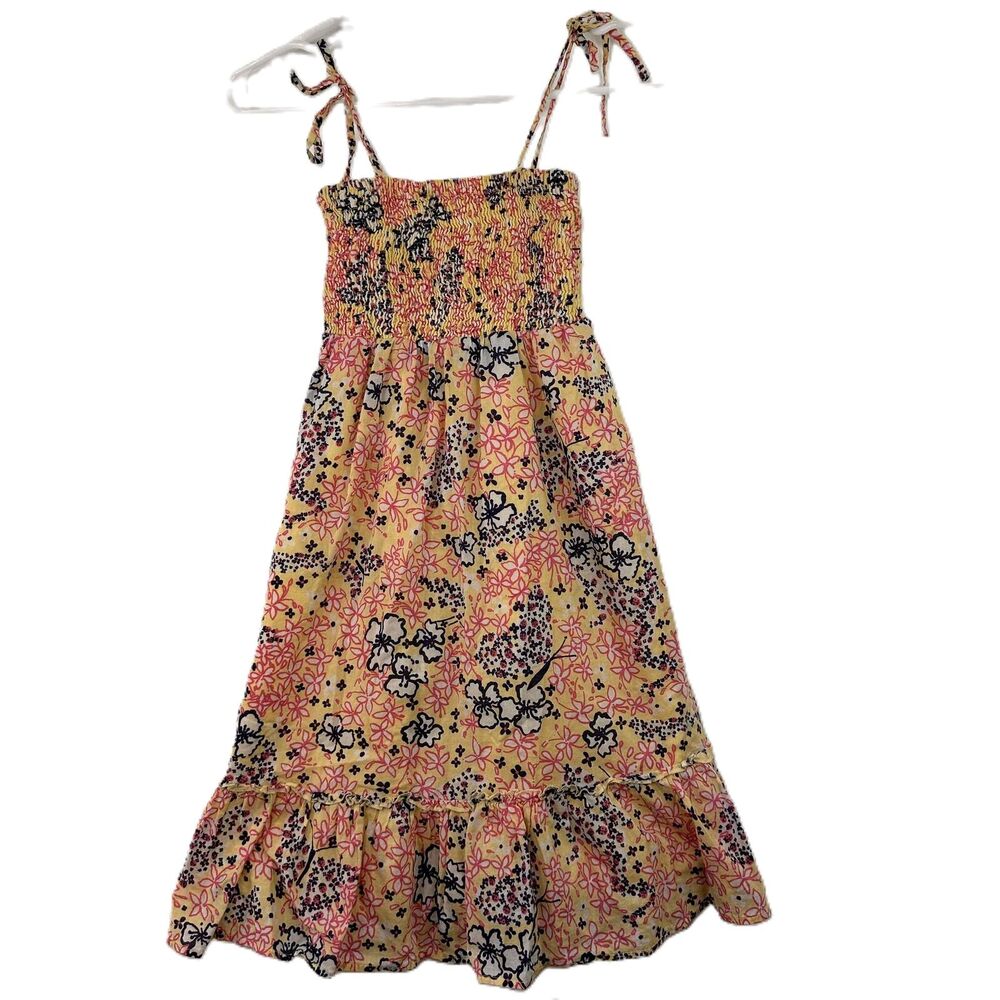 Lilly Pulitzer Girls Yellow Floral Tie Straps Smocked Bodice Dress Size Medium